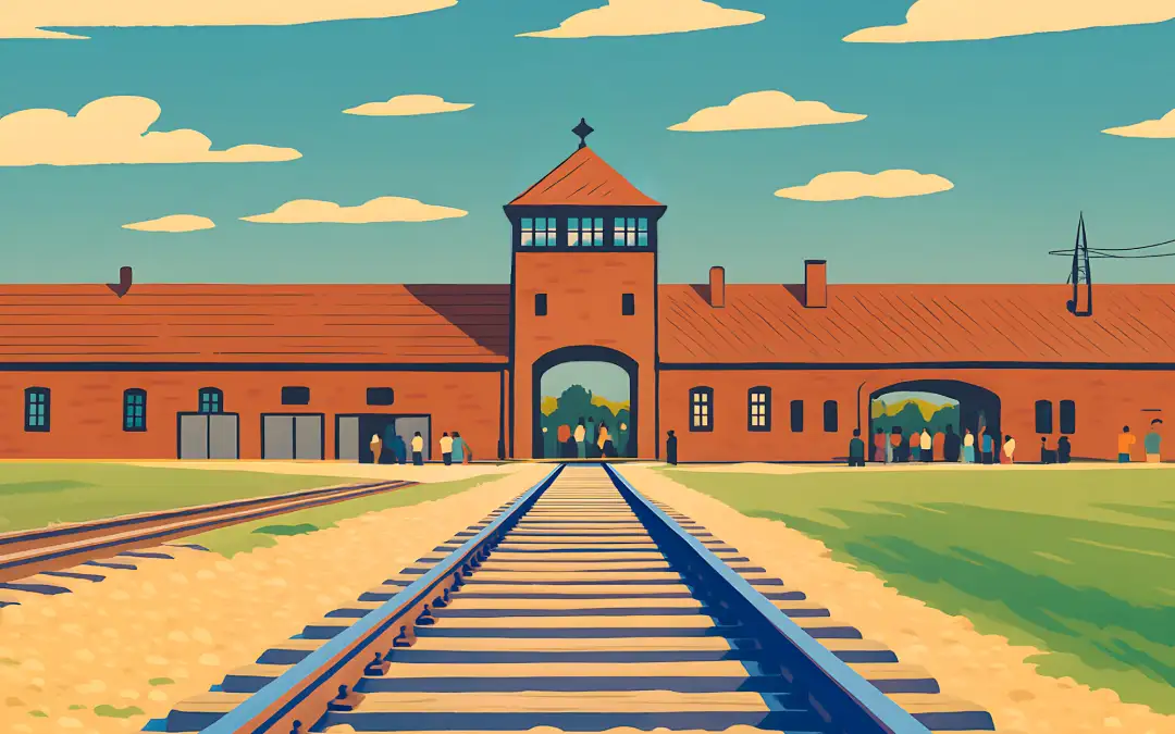 Private Tours from Kraków - Illustration of the entrance and railway tracks at the Auschwitz-Birkenau Memorial in Oświęcim