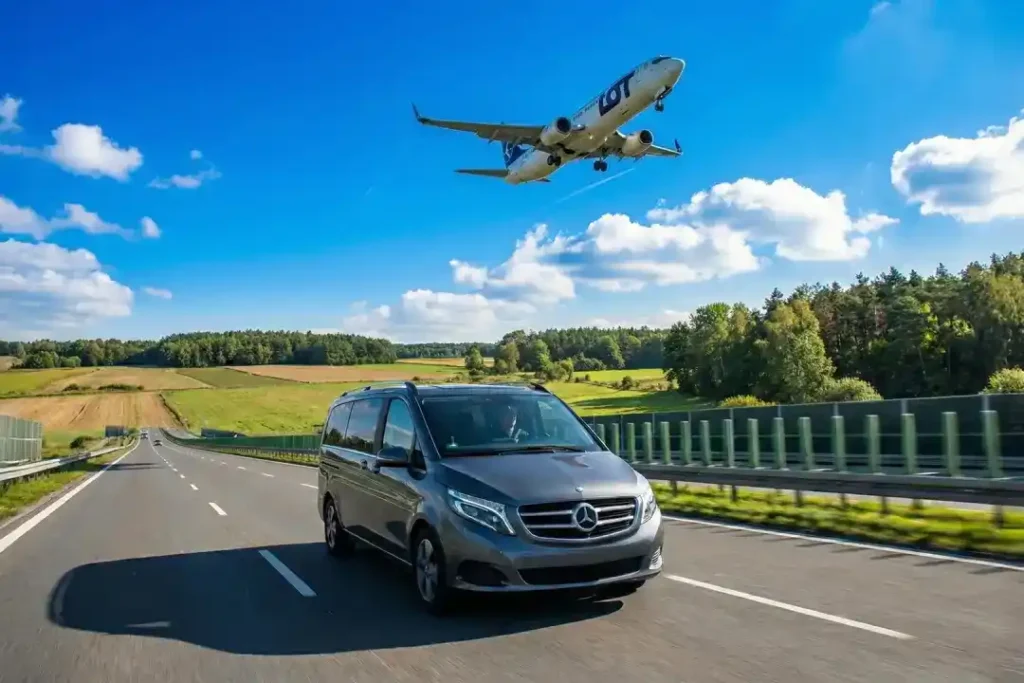 Private airport transfer minivan travelling near Krakow with a passenger plane overhead